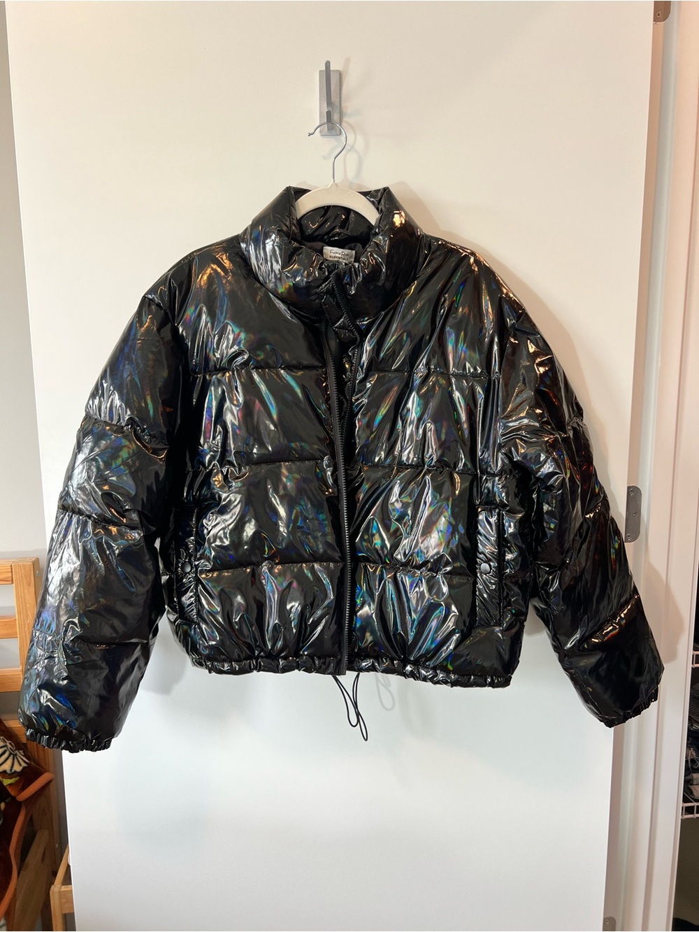 Women's Black Iridescent Cropped Funnel Neck Puffer Jacket
